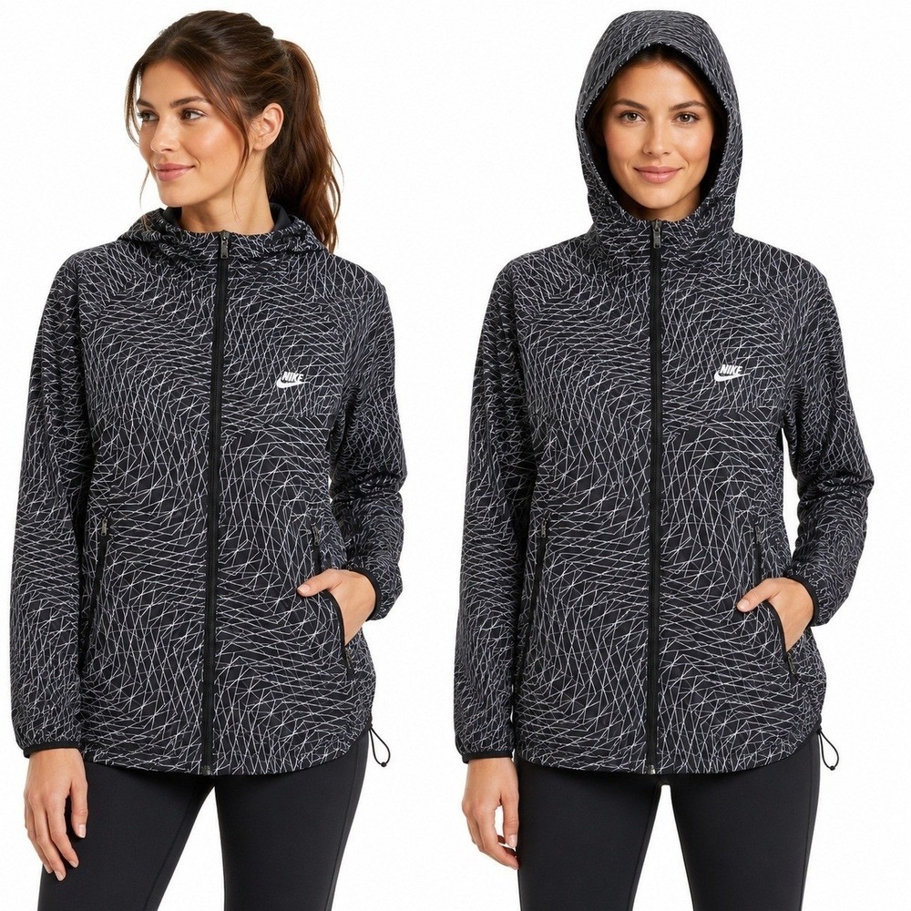 Nike Jacket Womans M Windrunner‎ Black White Geometric Grid Full Zip Hooded